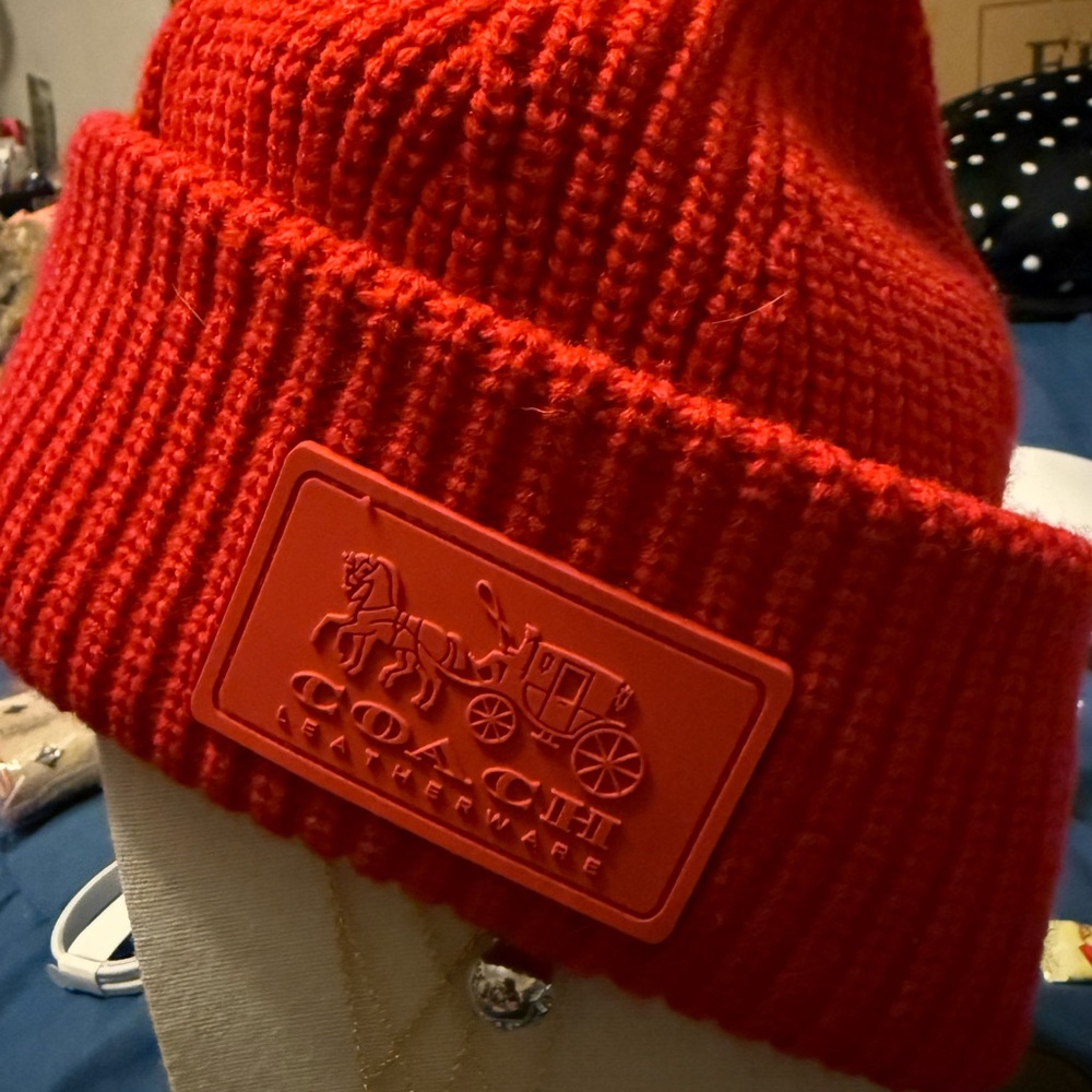 Coach Red Knit Beanie Hat